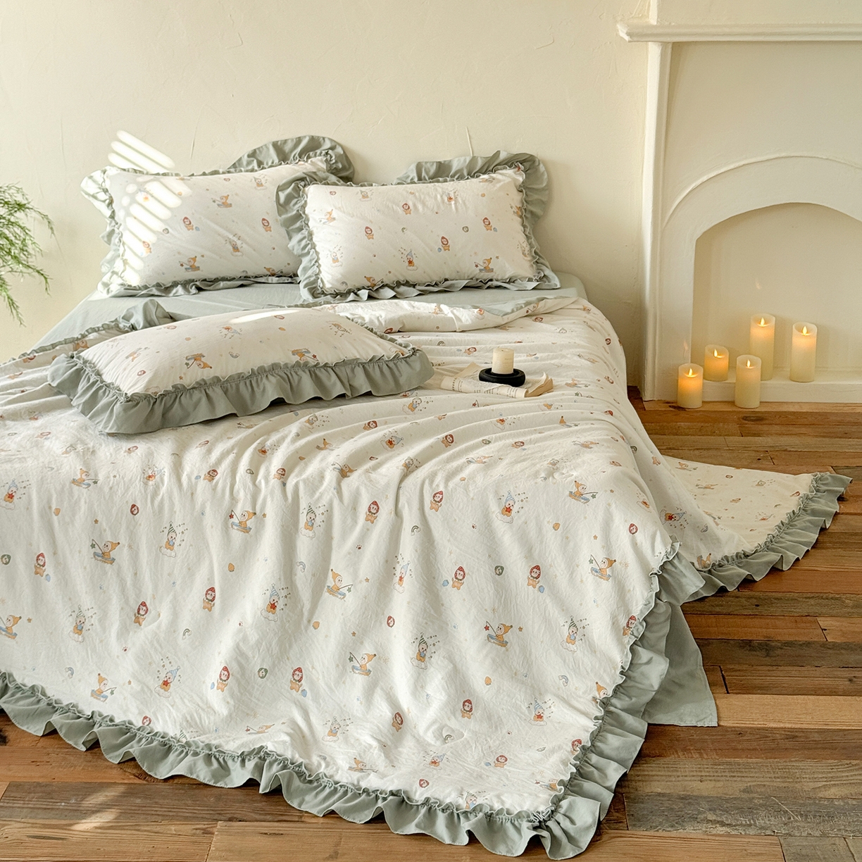 91家纺网 家纺一手货源 找家纺 迷尚家居 2026新款云朵棉印花花边夏被四件套 星星人