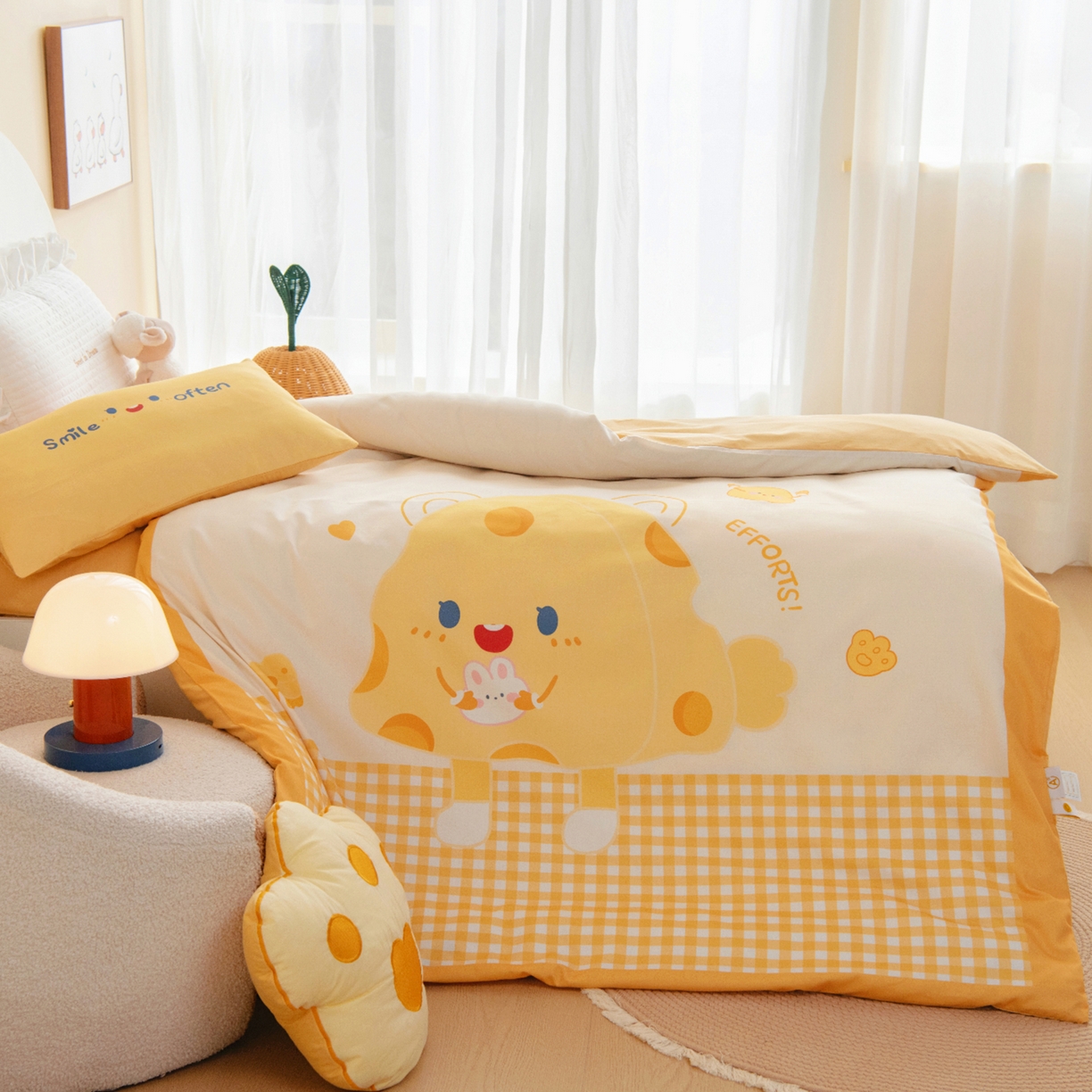 91家纺网 家纺一手货源 找家纺 绒梦里 2026新款A类全棉纯棉卡通大版幼儿园三件套 快乐芝士（另垫套有60*150cm/70*150cm/80*150cm/88*168cm/80*180cm）特殊垫套尺寸的价格咨询客服微信哦！