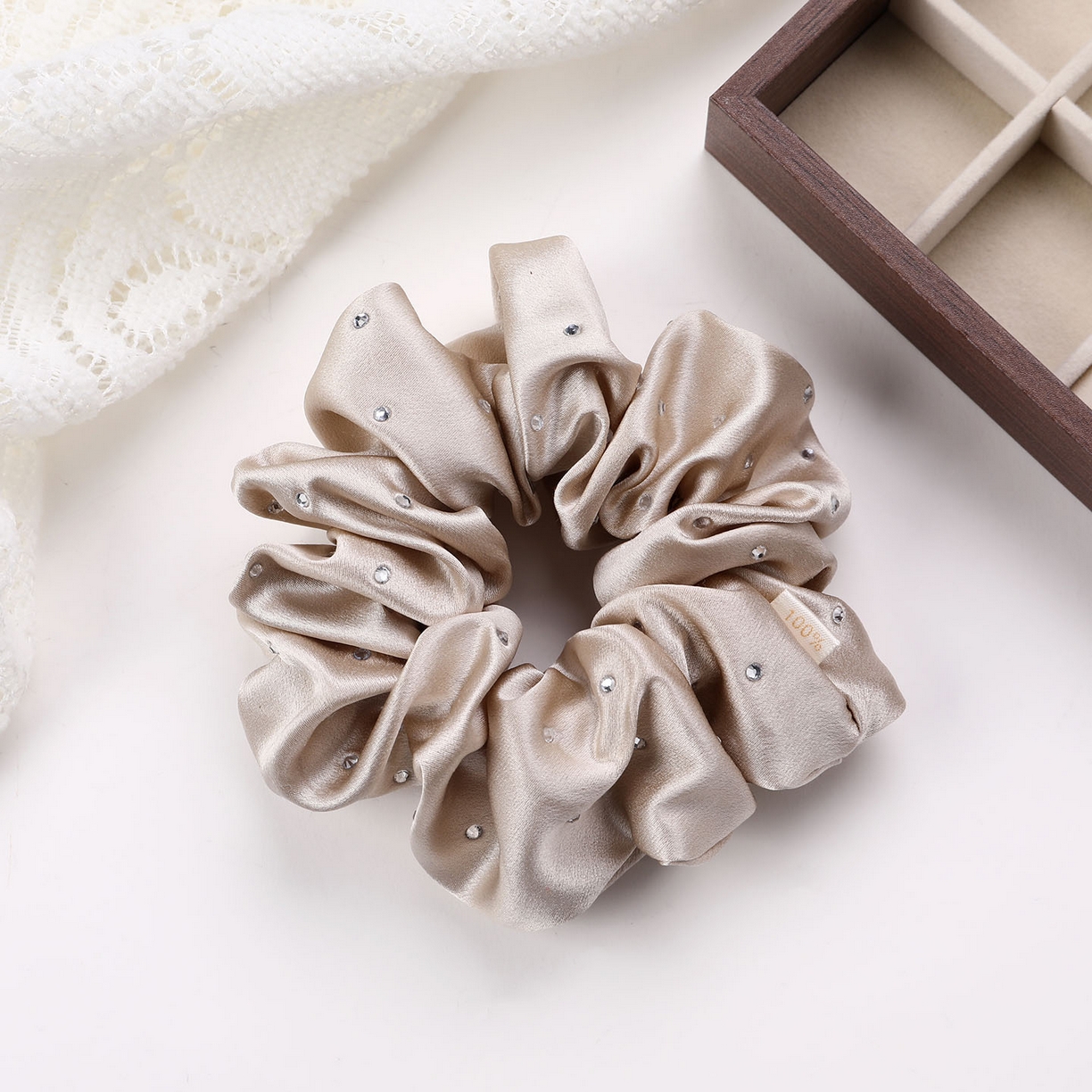 蚕云阁蚕丝家居 2026新款30姆米真丝烫钻发圈 香槟金 边宽5cm直径约12cm