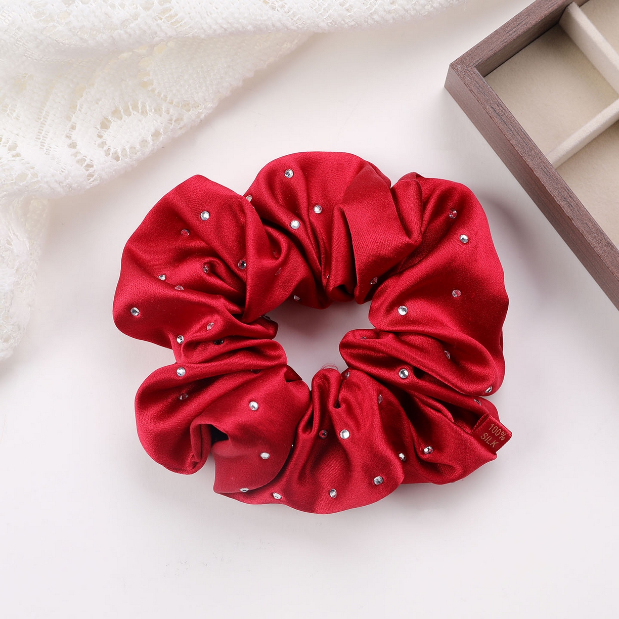 蚕云阁蚕丝家居 2026新款30姆米真丝烫钻发圈 中国红 边宽5cm直径约12cm