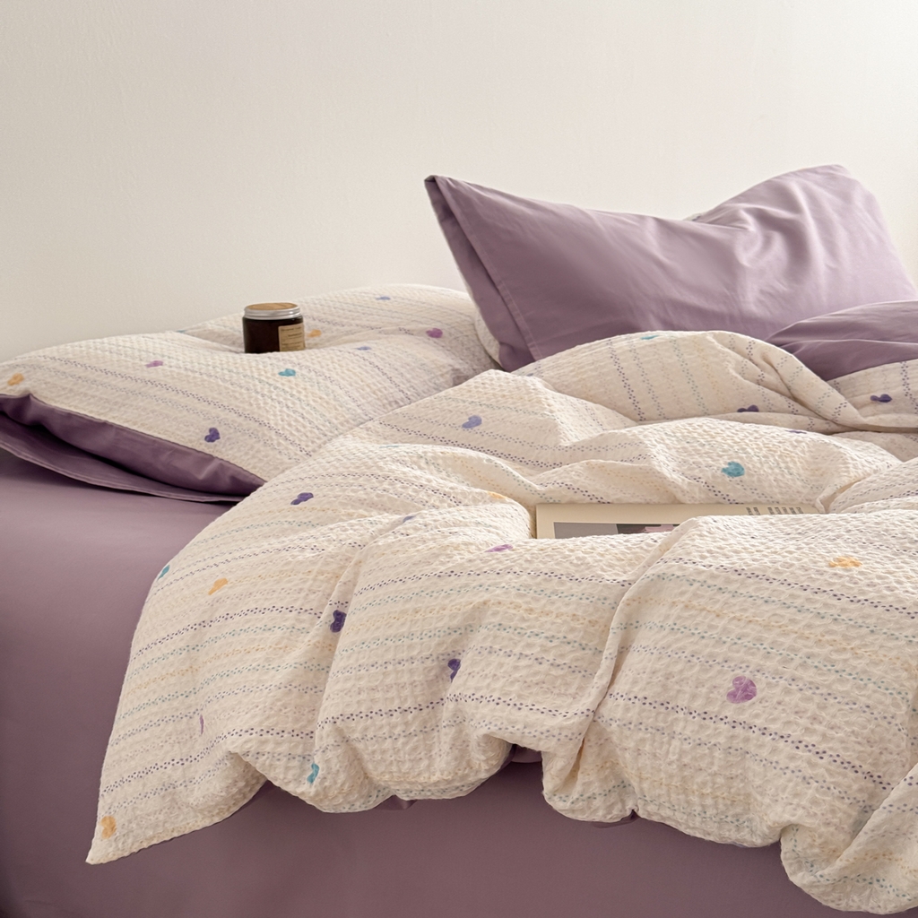 91家纺网 家纺一手货源 找家纺 沐辰 2026新款A类华夫格全棉纯棉印花四件套 华夫格-爱心