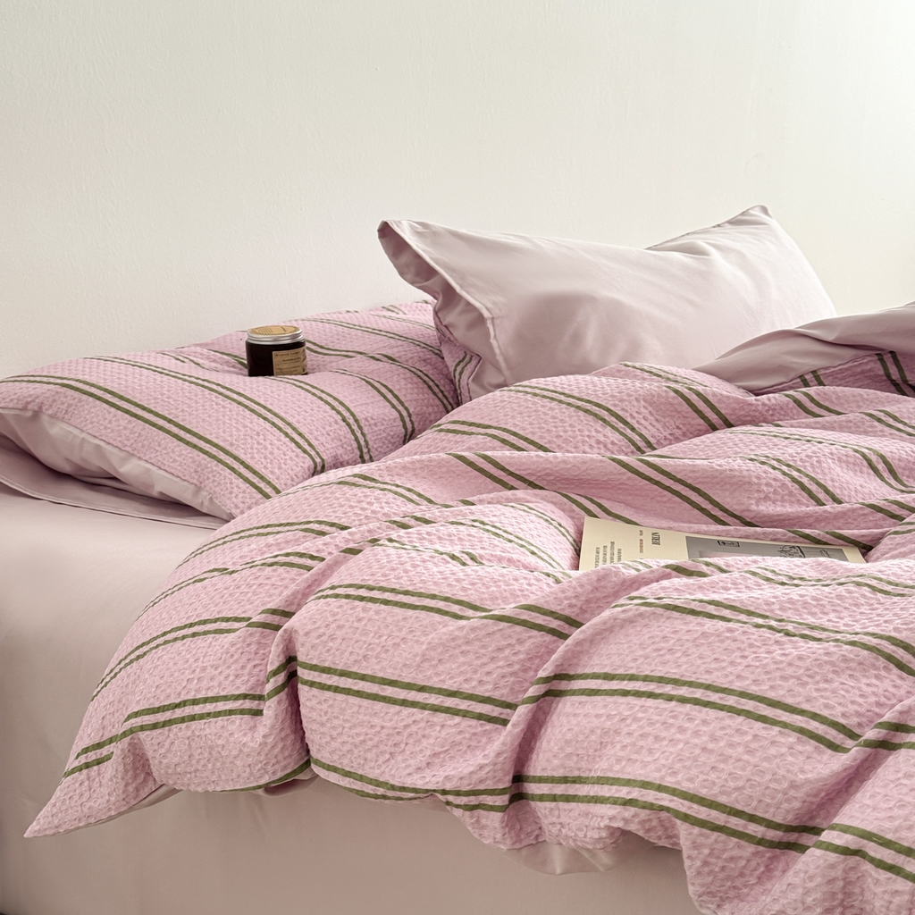 91家纺网 家纺一手货源 找家纺 沐辰 2026新款A类华夫格全棉纯棉印花四件套 华夫格-甜心