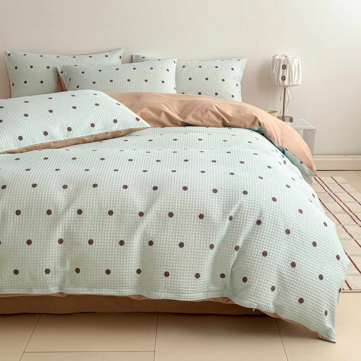 91家纺网 家纺一手货源 找家纺 沐辰 2026新款A类华夫格全棉纯棉印花四件套 华夫格-点点