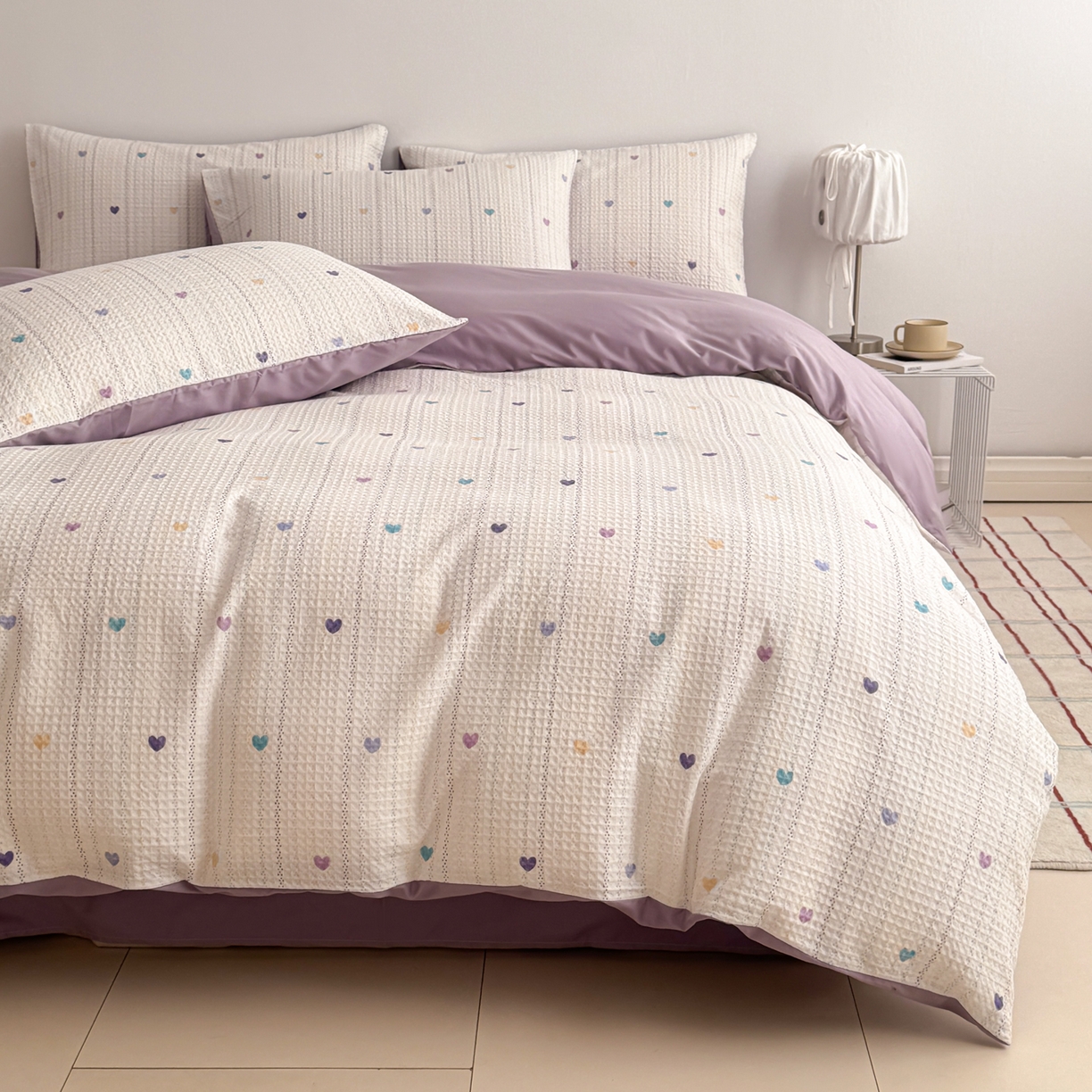 91家纺网 家纺一手货源 找家纺 沐辰 2026新款A类华夫格全棉纯棉印花四件套 华夫格-爱心