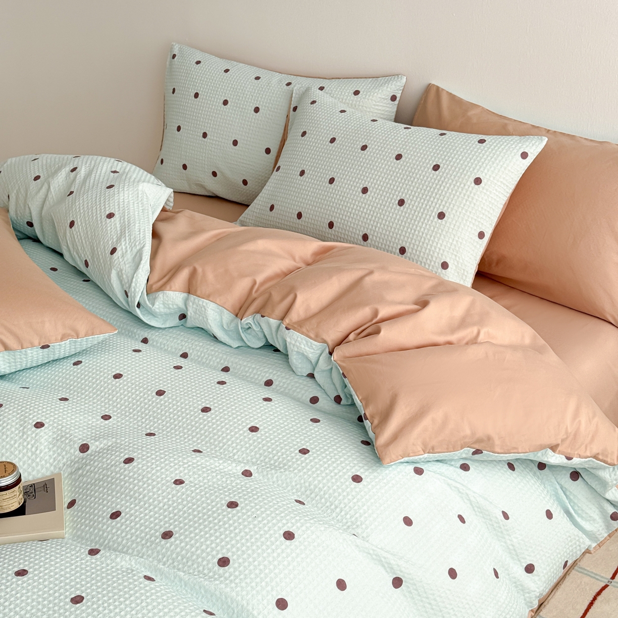 91家纺网 家纺一手货源 找家纺 沐辰 2026新款A类华夫格全棉纯棉印花四件套 华夫格-点点