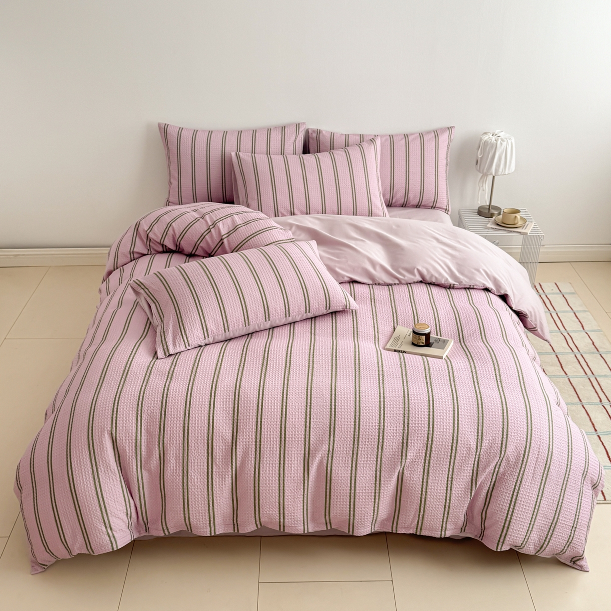 91家纺网 家纺一手货源 找家纺 沐辰 2026新款A类华夫格全棉纯棉印花四件套 华夫格-甜心