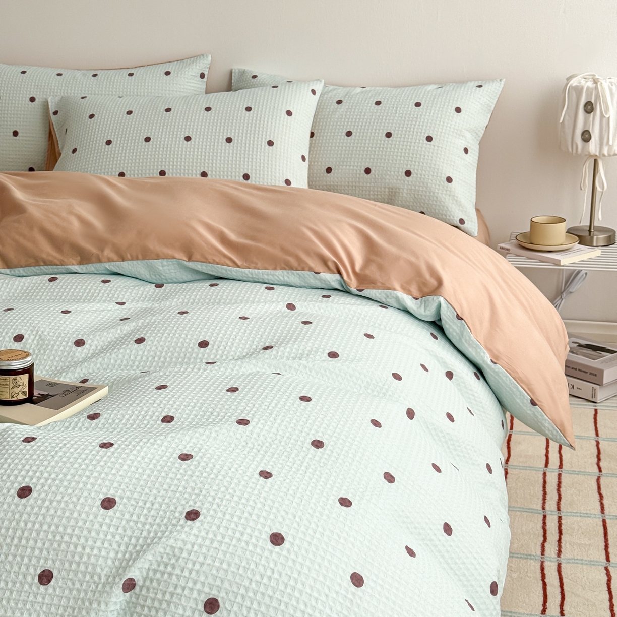 91家纺网 家纺一手货源 找家纺 沐辰 2026新款A类华夫格全棉纯棉印花四件套 华夫格-点点