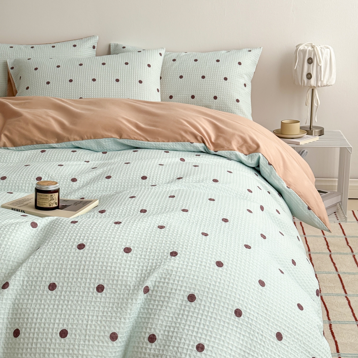 91家纺网 家纺一手货源 找家纺 沐辰 2026新款A类华夫格全棉纯棉印花四件套 华夫格-点点