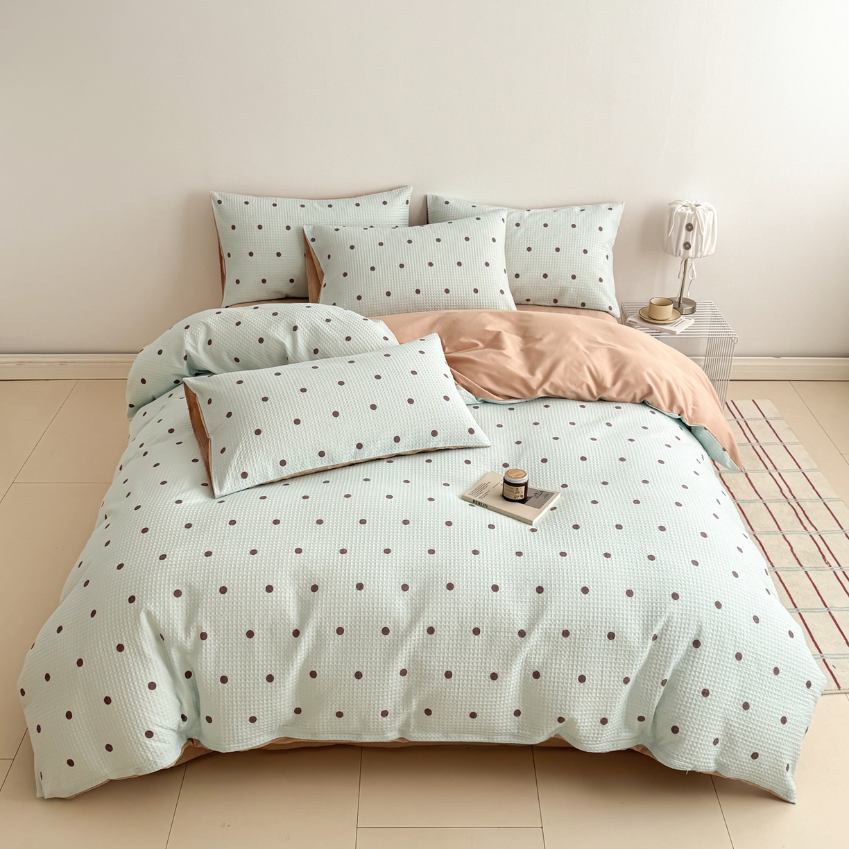 91家纺网 家纺一手货源 找家纺 沐辰 2026新款A类华夫格全棉纯棉印花四件套 华夫格-点点