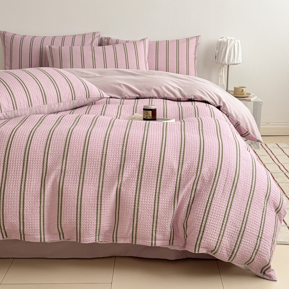 91家纺网 家纺一手货源 找家纺 沐辰 2026新款A类华夫格全棉纯棉印花四件套 华夫格-甜心