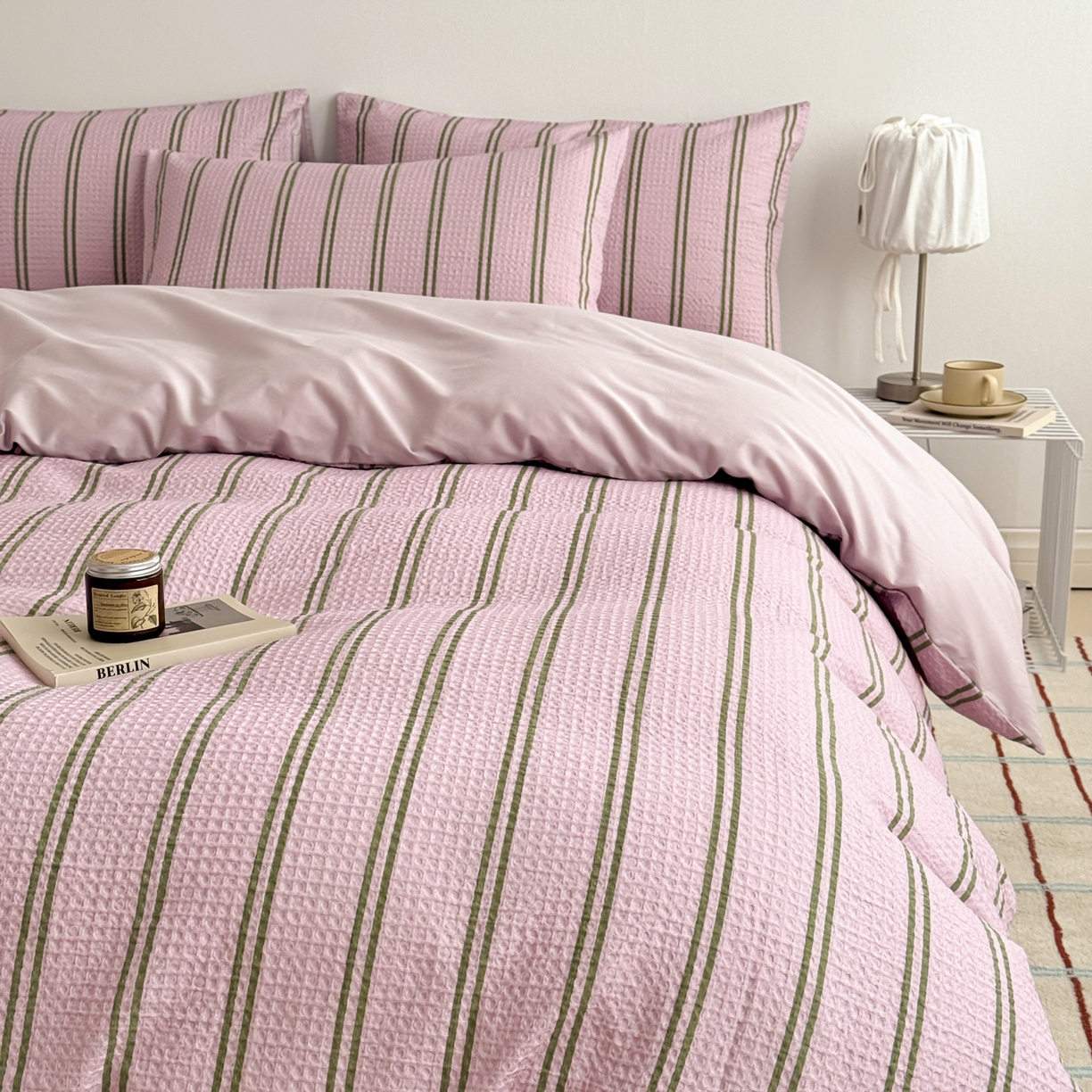 91家纺网 家纺一手货源 找家纺 沐辰 2026新款A类华夫格全棉纯棉印花四件套 华夫格-甜心