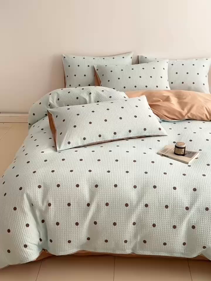 91家纺网 家纺一手货源 找家纺 沐辰 2026新款A类华夫格全棉纯棉印花四件套 华夫格-点点