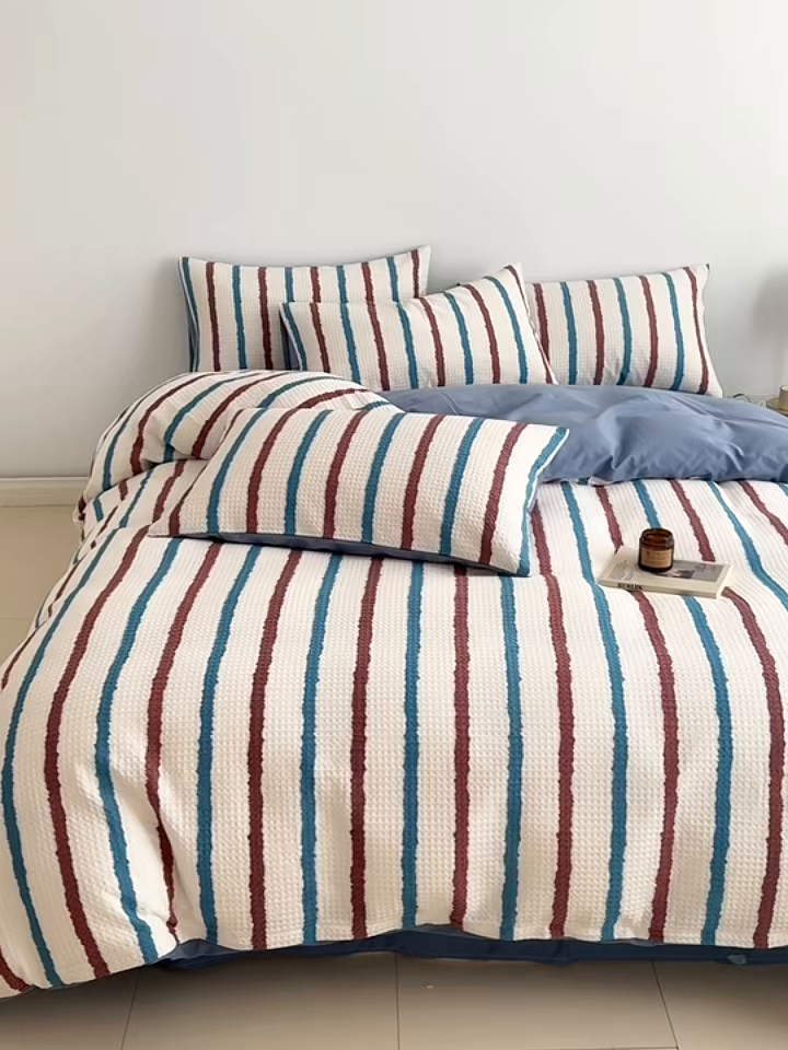 91家纺网 家纺一手货源 找家纺 沐辰 2026新款A类华夫格全棉纯棉印花四件套 华夫格-自由