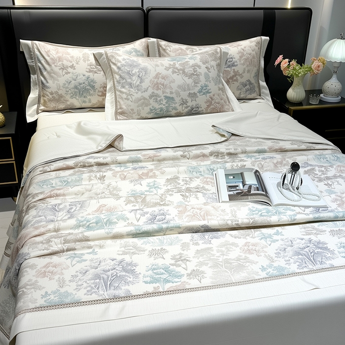 91家纺网 家纺一手货源 找家纺 欧夏家纺 2026莱赛尔天丝麻数码印花镂空夏被空调被夏凉被 华庭