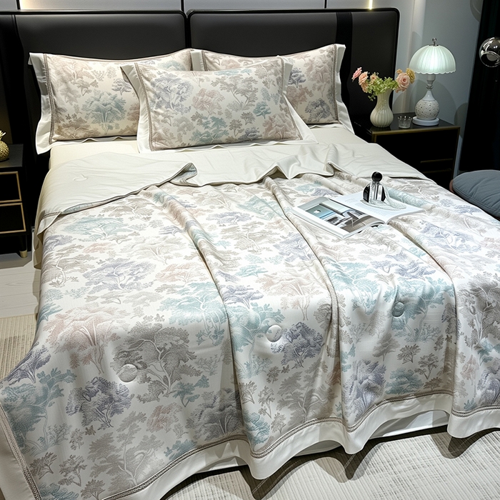 91家纺网 家纺一手货源 找家纺 欧夏家纺 2026莱赛尔天丝麻数码印花镂空夏被空调被夏凉被 华庭