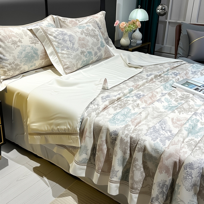 91家纺网 家纺一手货源 找家纺 欧夏家纺 2026莱赛尔天丝麻数码印花镂空夏被空调被夏凉被 华庭