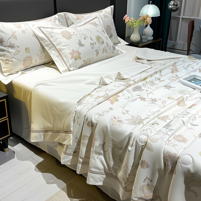 91家纺网 家纺一手货源 找家纺 欧夏家纺 2026莱赛尔天丝麻数码印花镂空夏被空调被夏凉被 寐锦