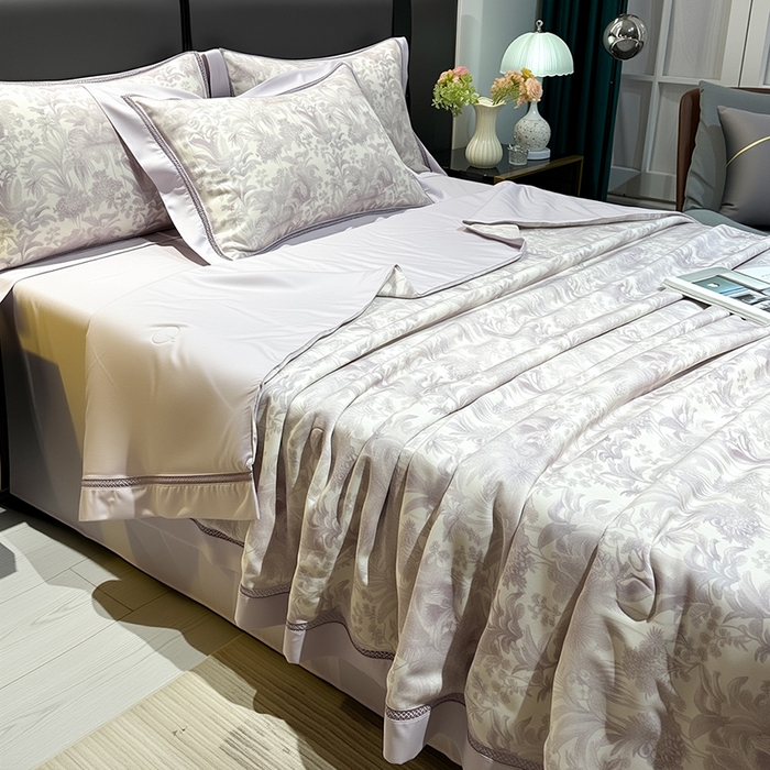 91家纺网 家纺一手货源 找家纺 欧夏家纺 2026莱赛尔天丝麻数码印花镂空夏被空调被夏凉被 紫亭