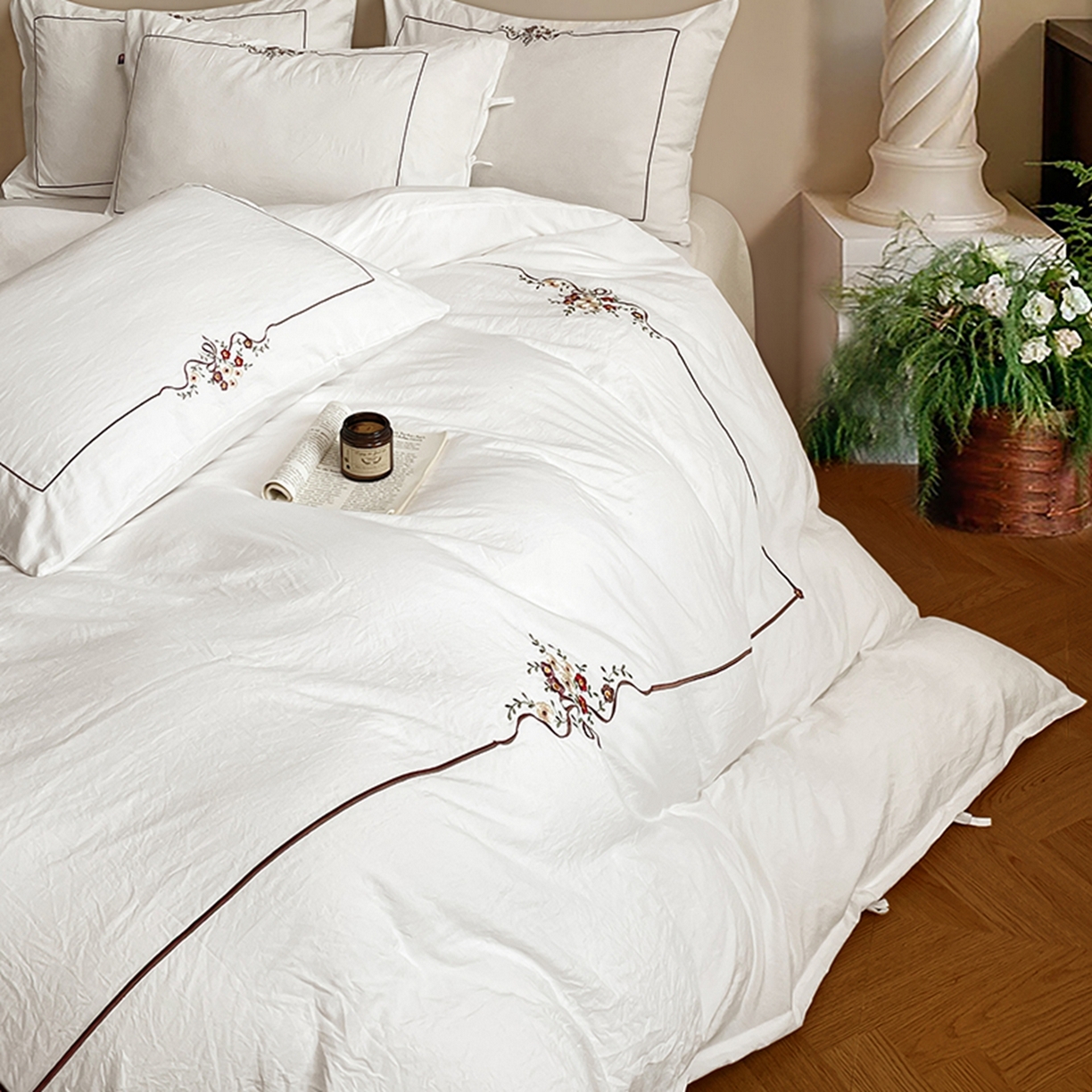 91家纺网 家纺一手货源 找家纺 （总）yyds网供 2026新A类高克重复古刺绣绑带款水洗棉四件套三件套-花界