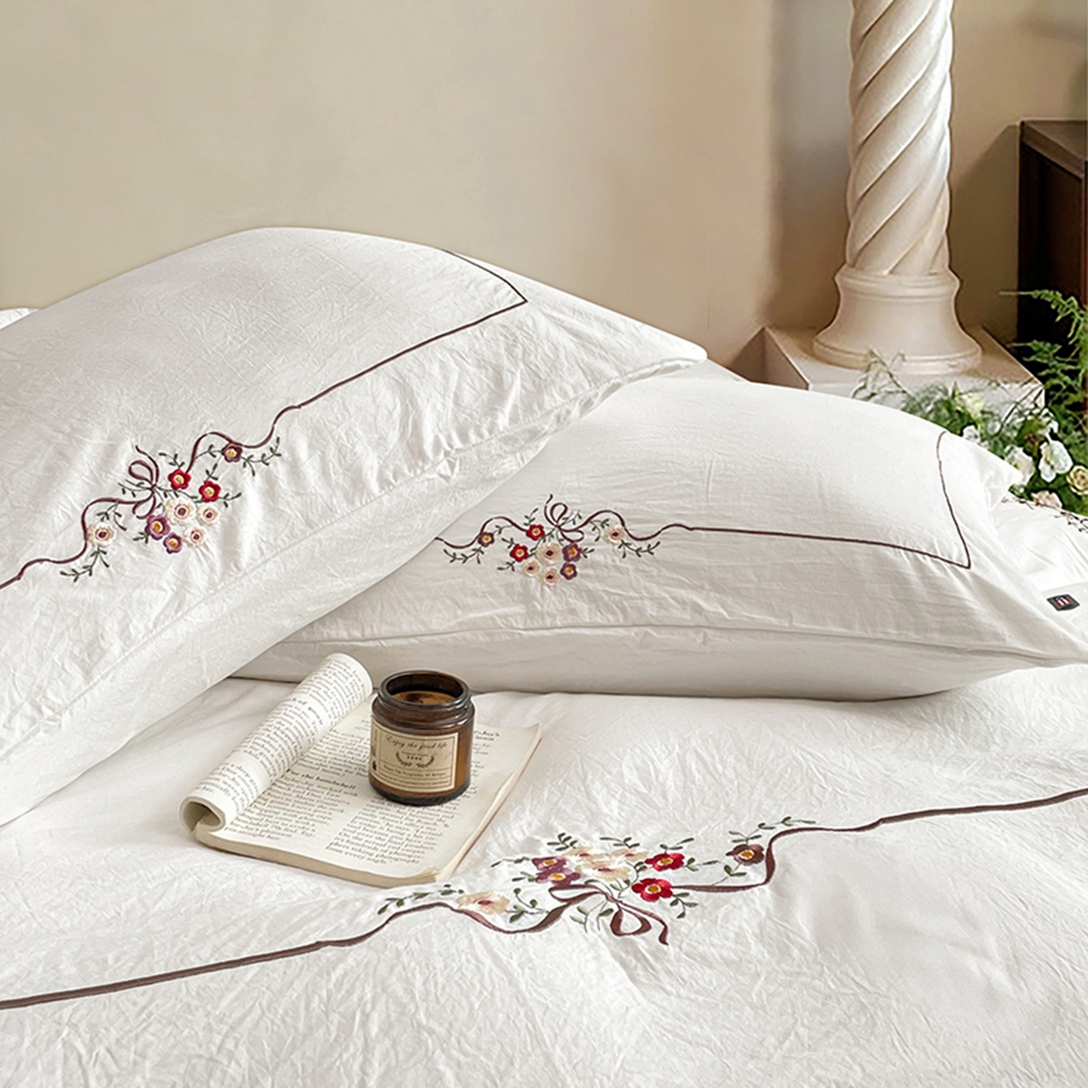 91家纺网 家纺一手货源 找家纺 （总）yyds网供 2026新A类高克重复古刺绣绑带款水洗棉四件套三件套-花界