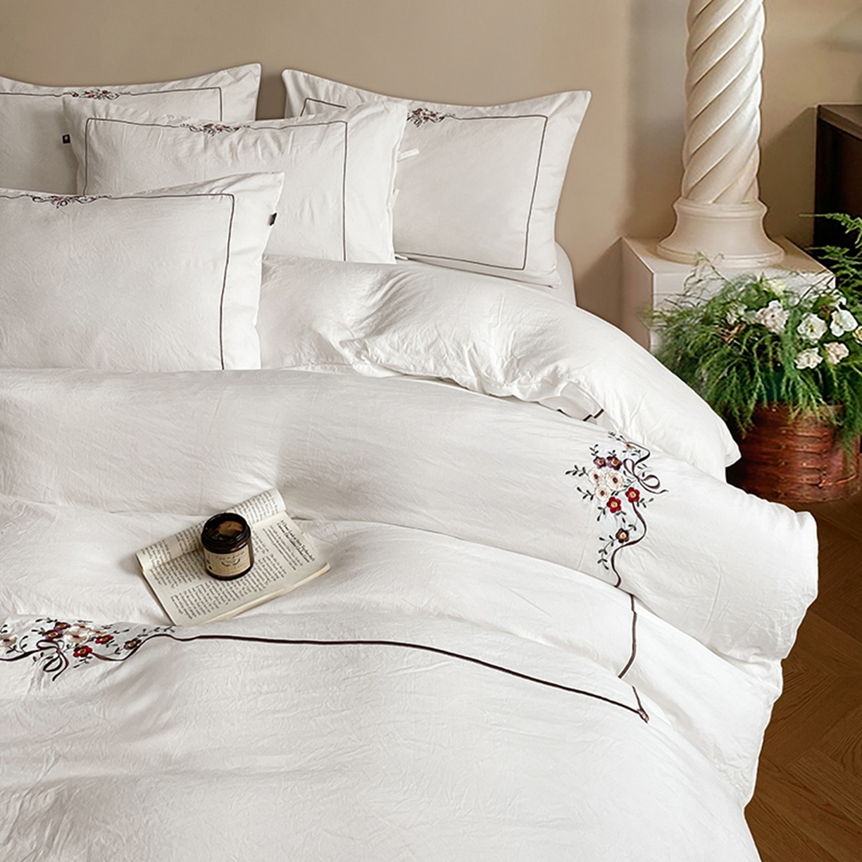 91家纺网 家纺一手货源 找家纺 （总）yyds网供 2026新A类高克重复古刺绣绑带款水洗棉四件套三件套-花界