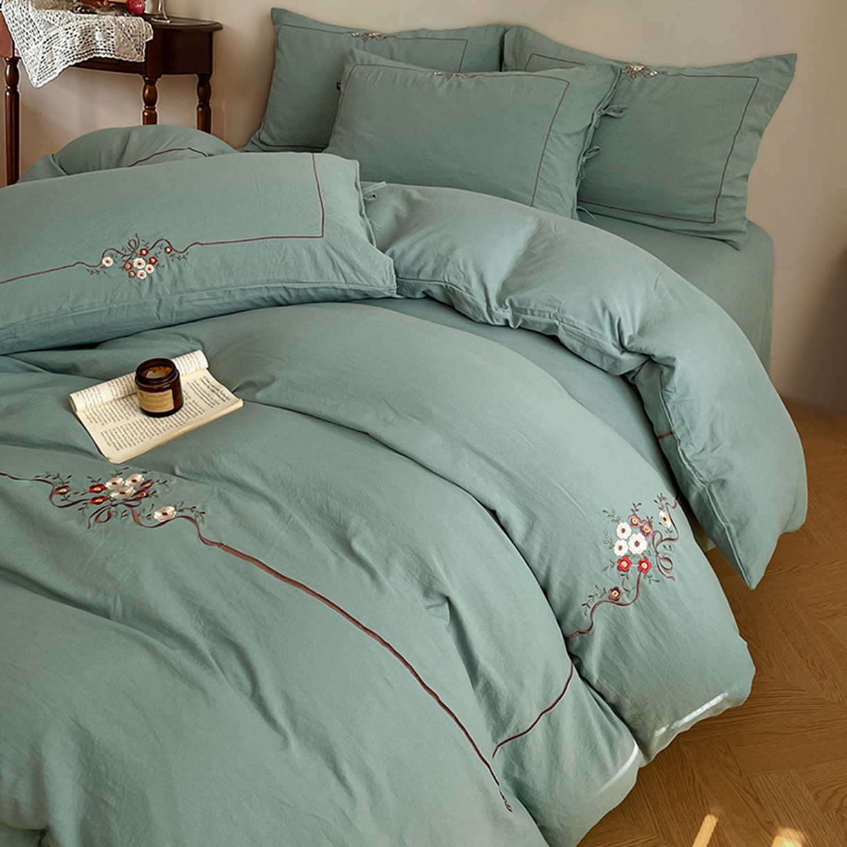 91家纺网 家纺一手货源 找家纺 （总）yyds网供 2026新A类高克重复古刺绣绑带款水洗棉四件套三件套-花界