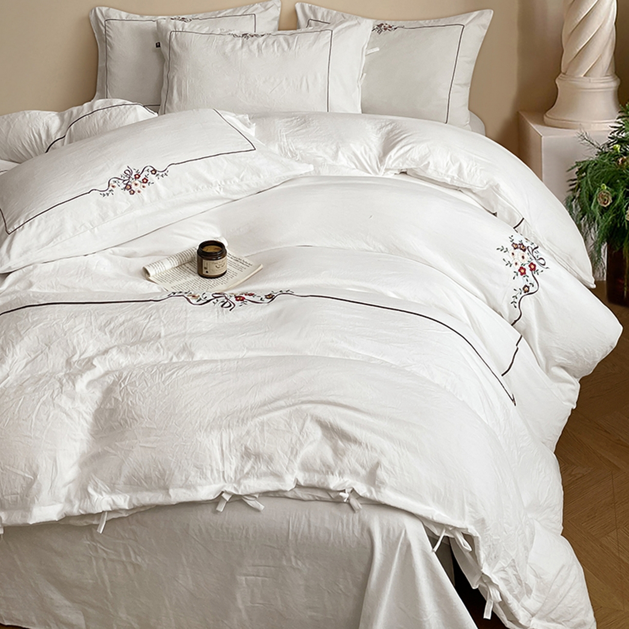 91家纺网 家纺一手货源 找家纺 （总）yyds网供 2026新A类高克重复古刺绣绑带款水洗棉四件套三件套-花界