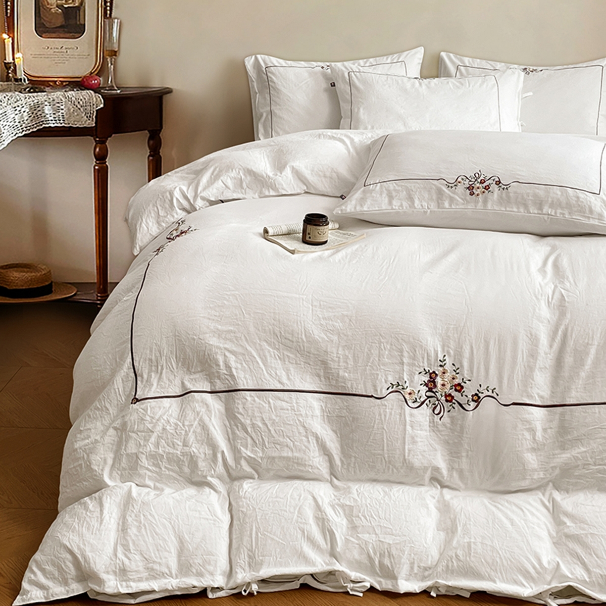 91家纺网 家纺一手货源 找家纺 （总）yyds网供 2026新A类高克重复古刺绣绑带款水洗棉四件套三件套-花界