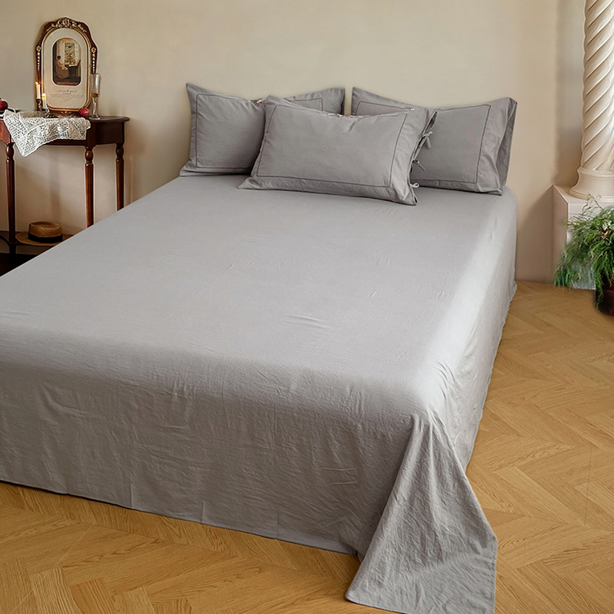 91家纺网 家纺一手货源 找家纺 yyds网供 2026新A类高克重复古刺绣绑带款水洗棉四件套三件套-花界 花界麻灰-绣花绑带款