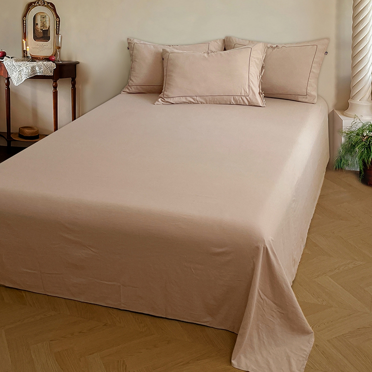 91家纺网 家纺一手货源 找家纺 yyds网供 2026新A类高克重复古刺绣绑带款水洗棉四件套三件套-花界 花界素咖-绣花绑带款