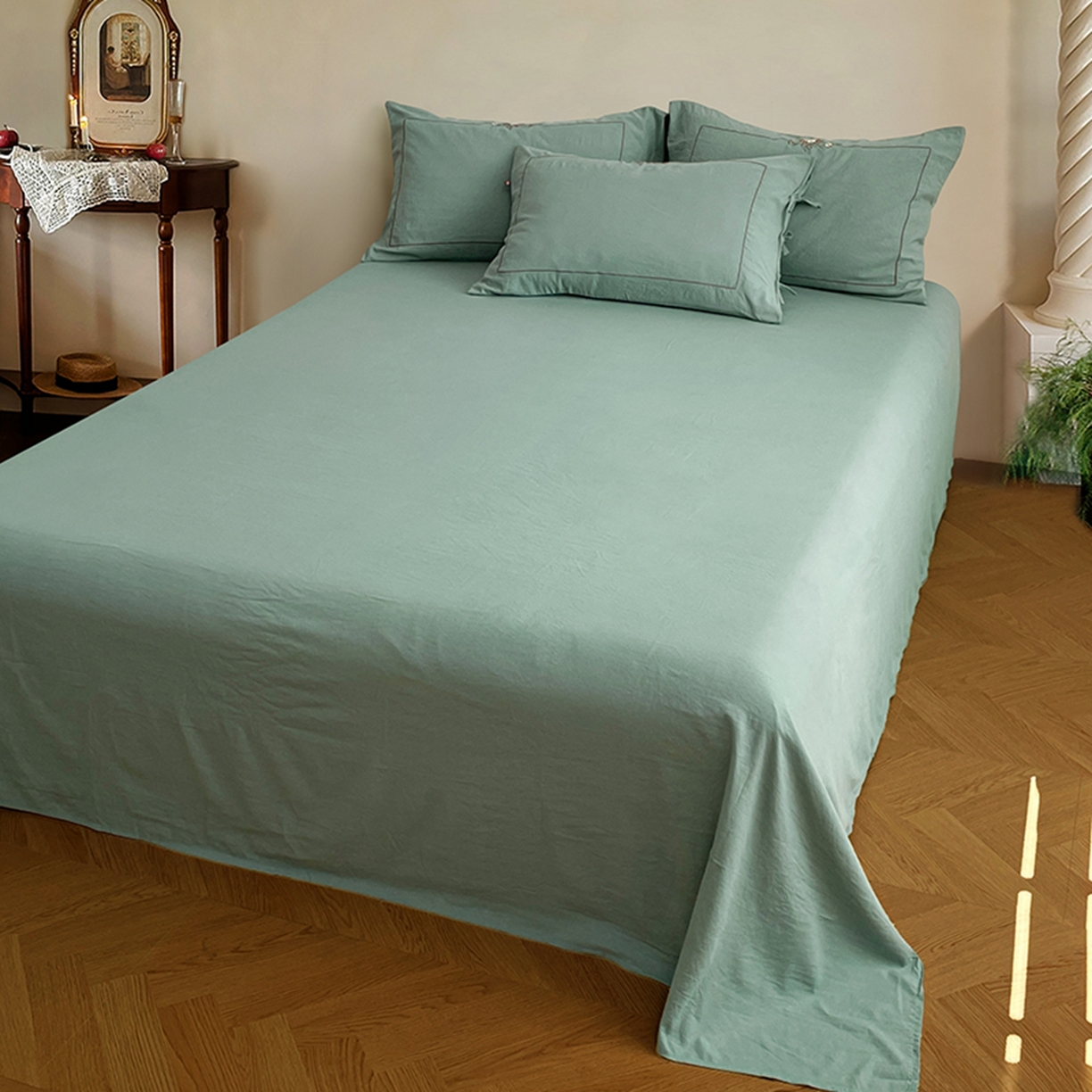 91家纺网 家纺一手货源 找家纺 yyds网供 2026新A类高克重复古刺绣绑带款水洗棉四件套三件套-花界 花界韵绿-绣花绑带款