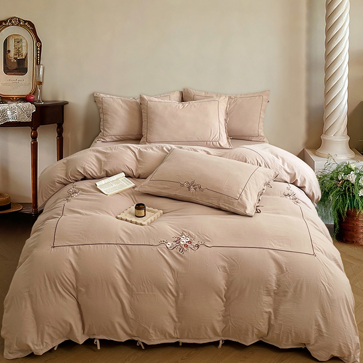 91家纺网 家纺一手货源 找家纺 yyds网供 2026新A类高克重复古刺绣绑带款水洗棉四件套三件套-花界 花界素咖-绣花绑带款