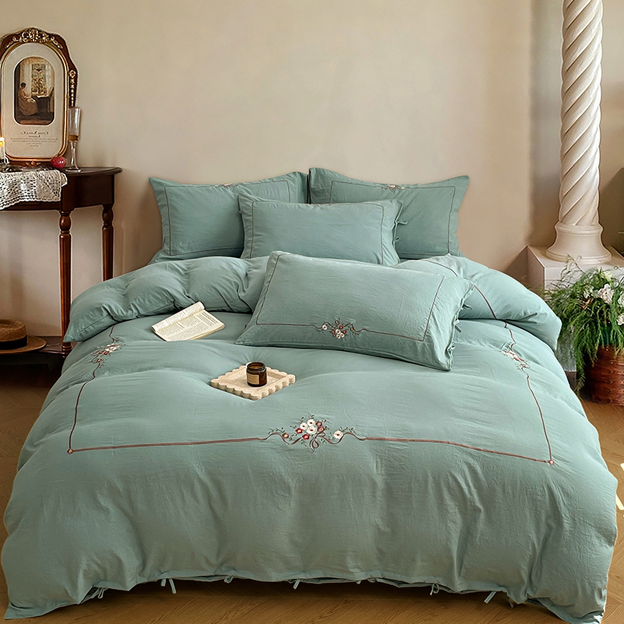 91家纺网 家纺一手货源 找家纺 yyds网供 2026新A类高克重复古刺绣绑带款水洗棉四件套三件套-花界 花界韵绿-绣花绑带款