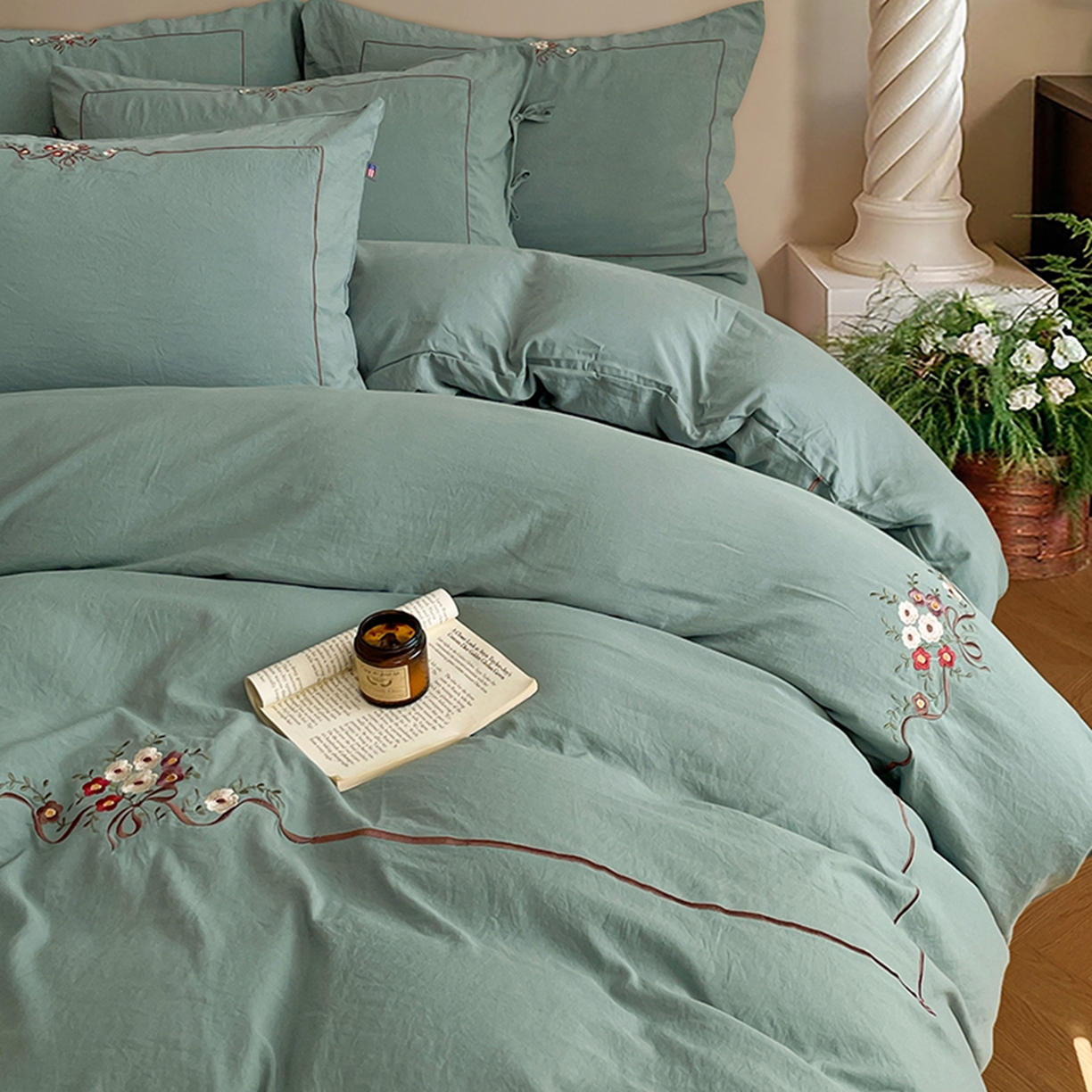 91家纺网 家纺一手货源 找家纺 yyds网供 2026新A类高克重复古刺绣绑带款水洗棉四件套三件套-花界 花界韵绿-绣花绑带款