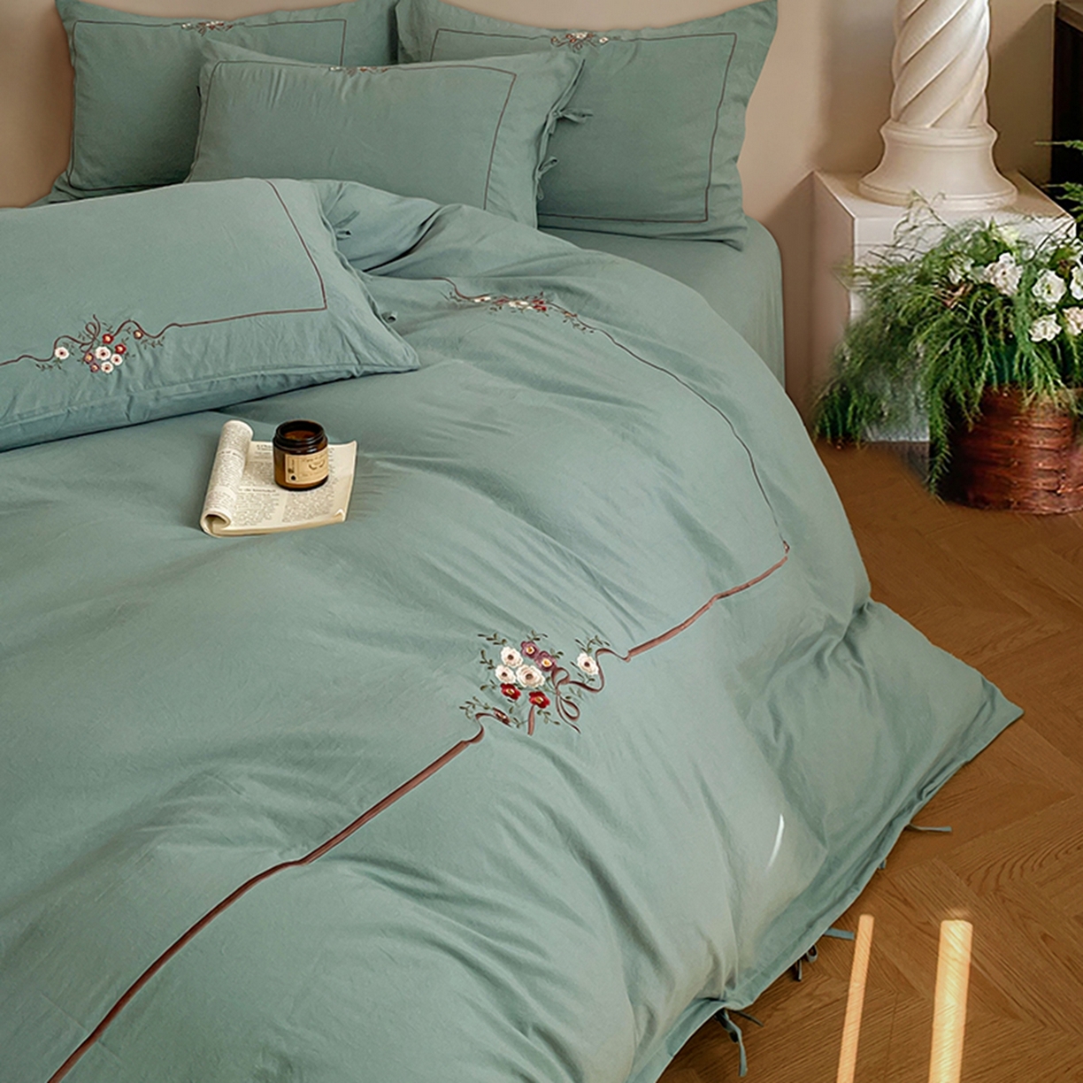 91家纺网 家纺一手货源 找家纺 yyds网供 2026新A类高克重复古刺绣绑带款水洗棉四件套三件套-花界 花界韵绿-绣花绑带款