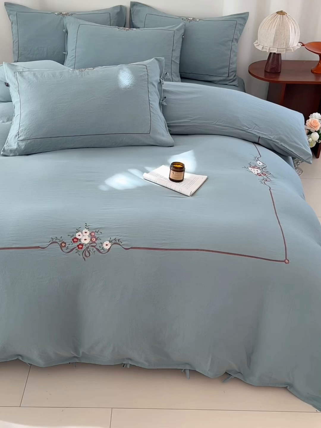 91家纺网 家纺一手货源 找家纺 yyds网供 2026新A类高克重复古刺绣绑带款水洗棉四件套三件套-花界 花界韵绿-绣花绑带款