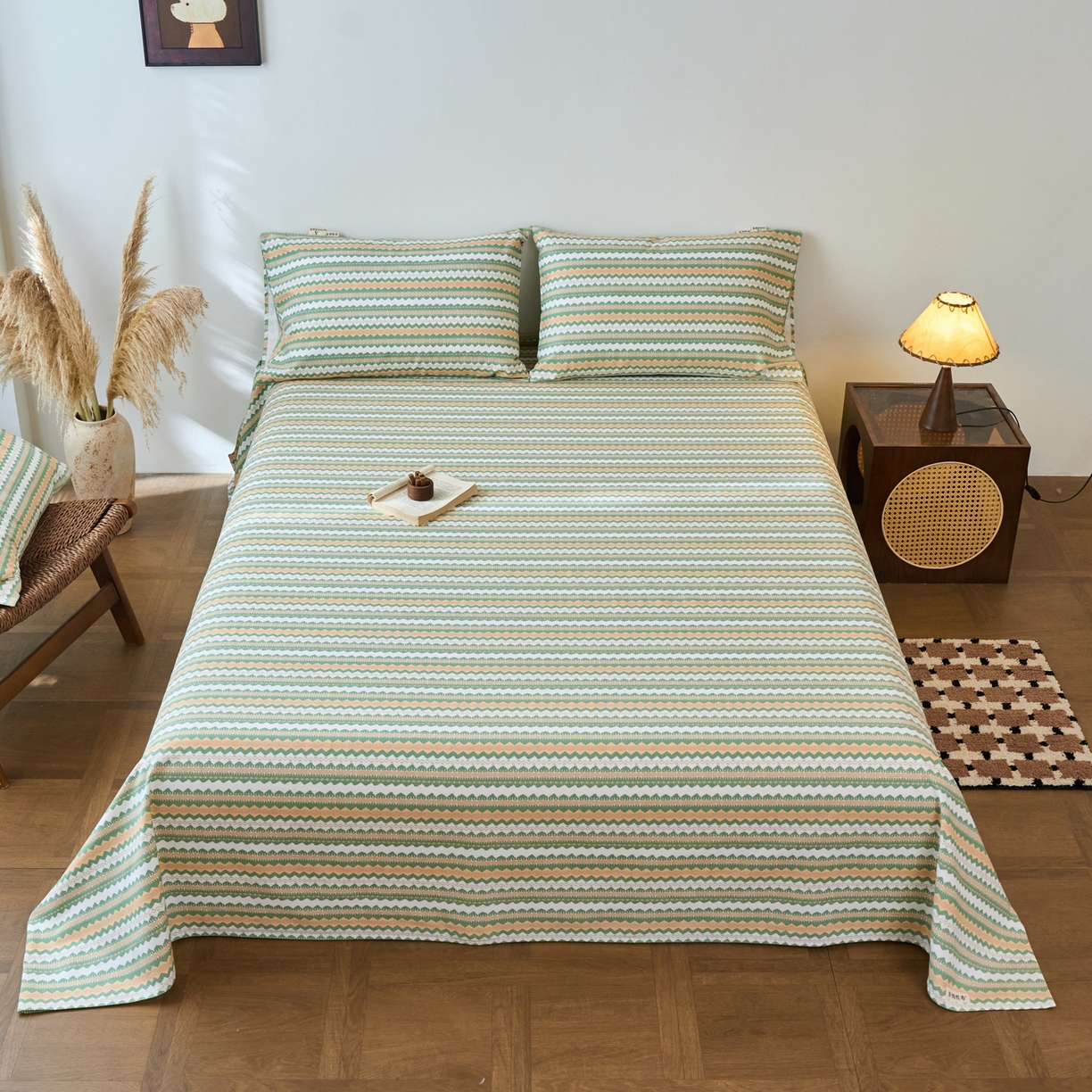 91家纺网 家纺一手货源 找家纺 春皖家纺 2026春夏新品简约款老粗布系列床单单品床单床单单件 羽安-绿