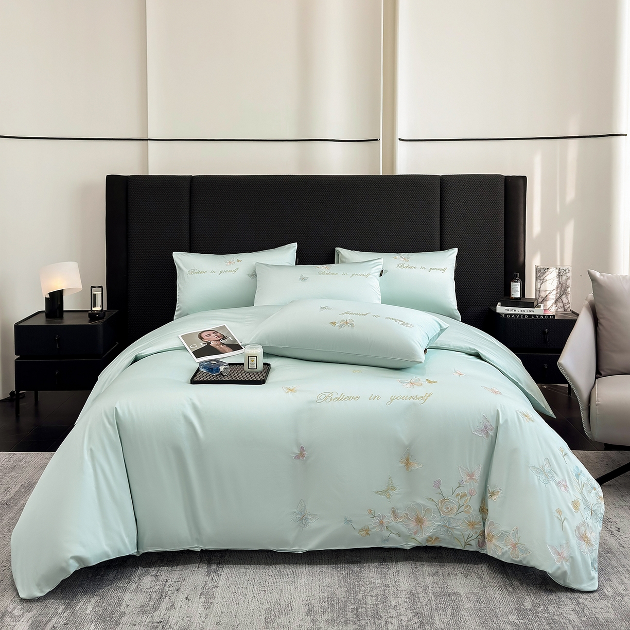 91家纺网 家纺一手货源 找家纺 欣宜家纺 2026新款50x50s纯棉全棉贡缎长绒棉刺绣绣花四件套【高端礼盒】-蝴蝶泉边 蝴蝶泉边-清新绿