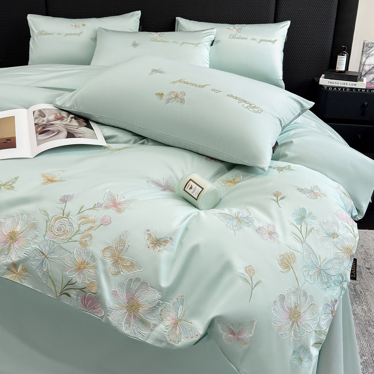 欣宜家纺 2026新款50x50s纯棉全棉贡缎长绒棉刺绣绣花四件套【高端礼盒】-蝴蝶泉边 蝴蝶泉边-清新绿