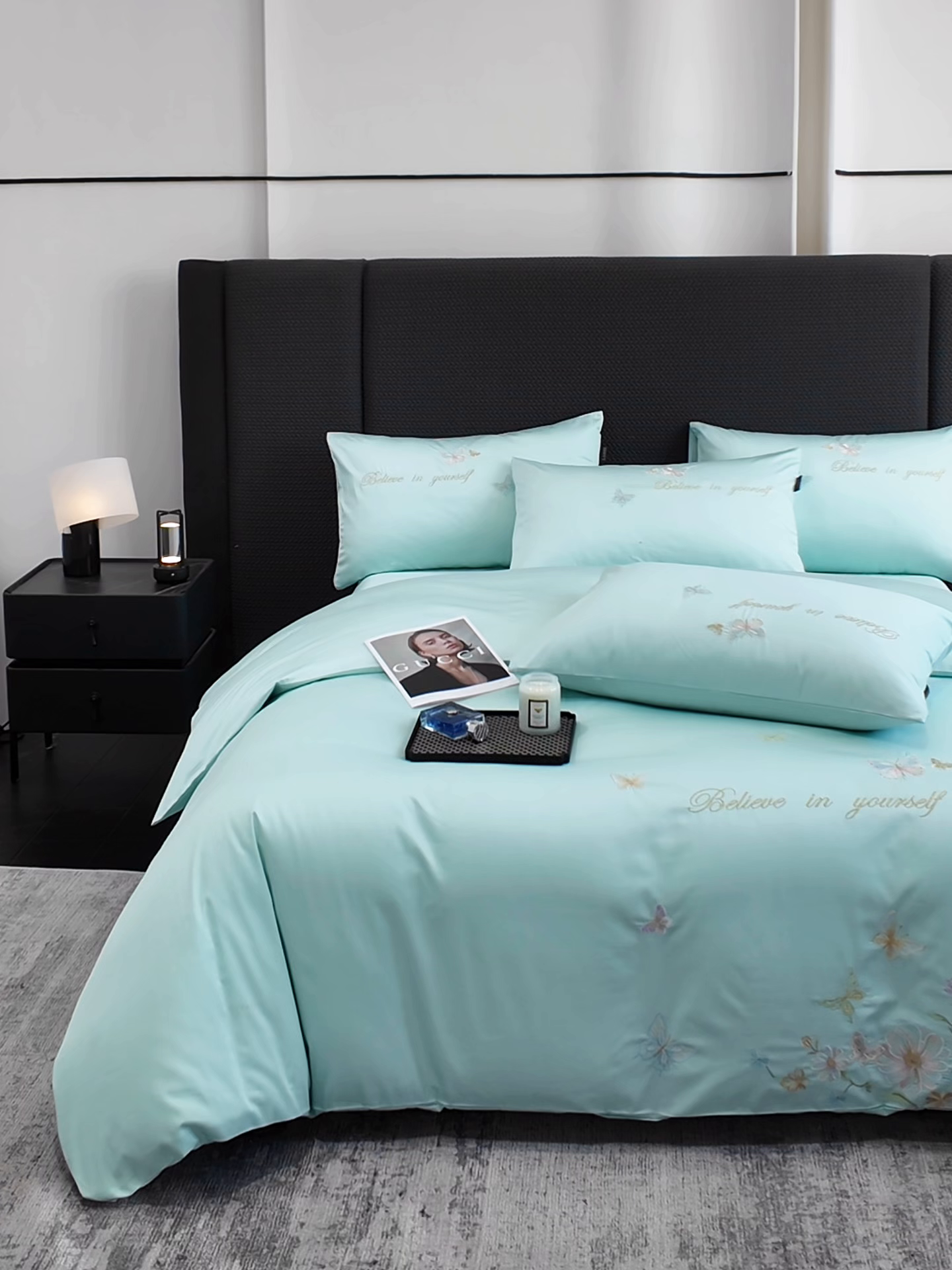 91家纺网 家纺一手货源 找家纺 欣宜家纺 2026新款50x50s纯棉全棉贡缎长绒棉刺绣绣花四件套【高端礼盒】-蝴蝶泉边 蝴蝶泉边-清新绿