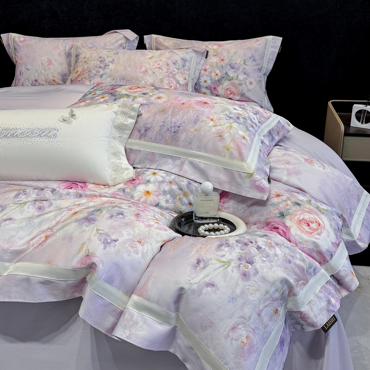 91家纺网 家纺一手货源 找家纺 欣宜家纺 2026新款50x50s纯棉全棉埃及长绒棉刺绣绣花床上四件套【含高端礼盒】-绽缦 绽缦-梦幻紫