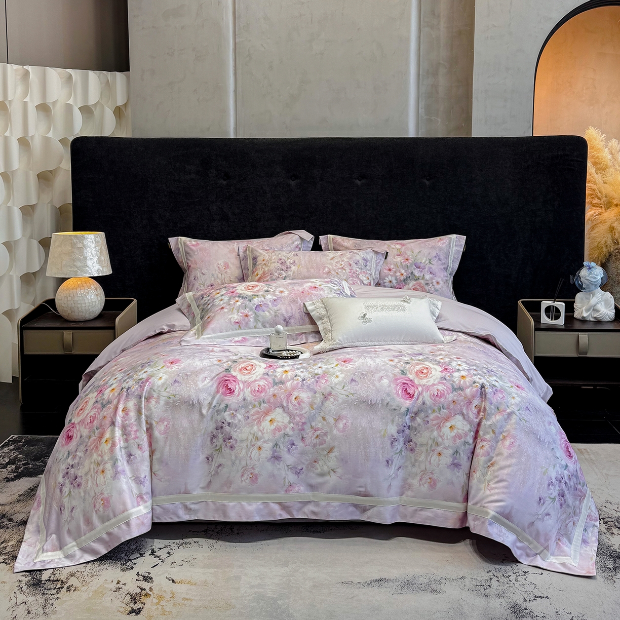 91家纺网 家纺一手货源 找家纺 欣宜家纺 2026新款50x50s纯棉全棉埃及长绒棉刺绣绣花床上四件套【含高端礼盒】-绽缦 绽缦-梦幻紫