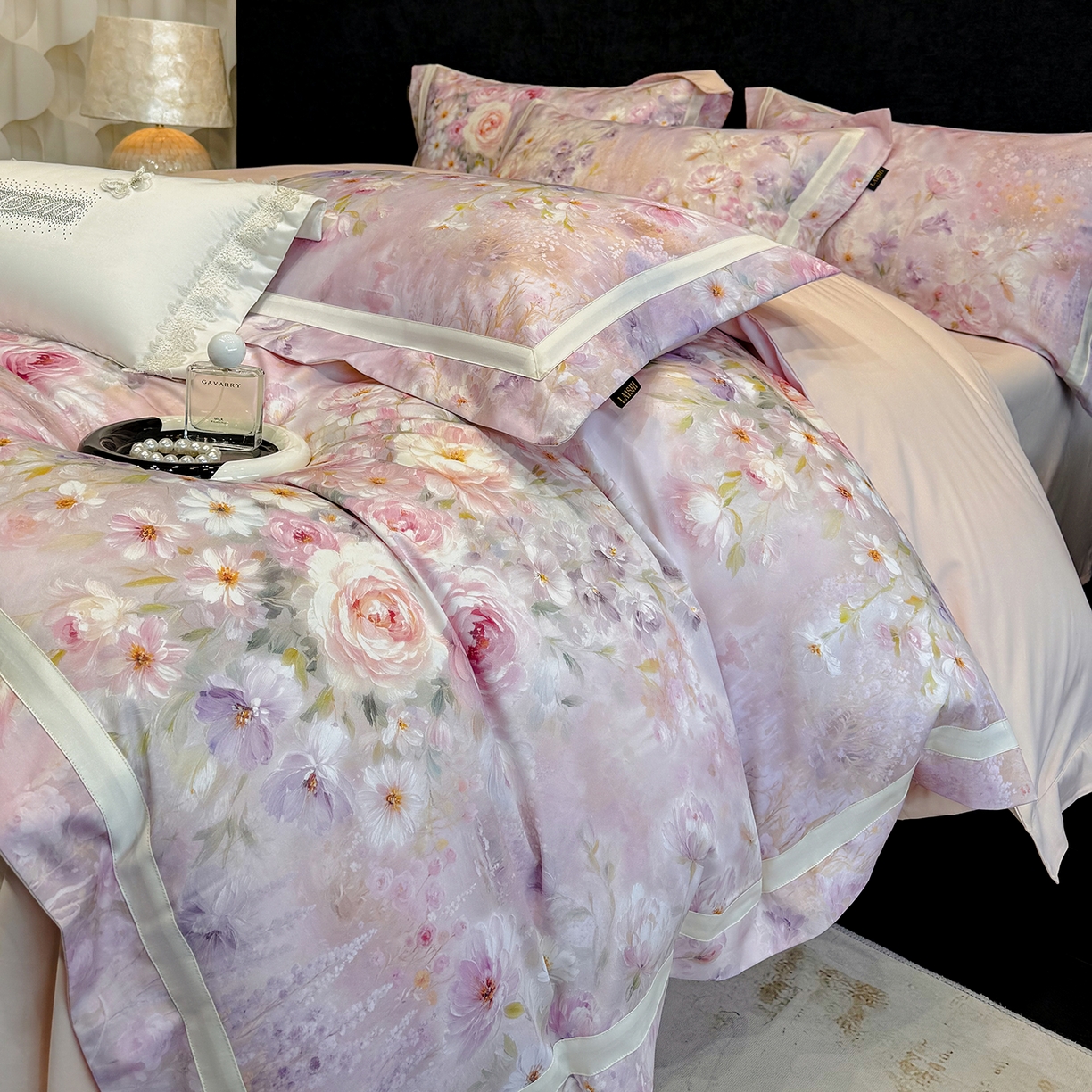 91家纺网 家纺一手货源 找家纺 欣宜家纺 2026新款50x50s纯棉全棉埃及长绒棉刺绣绣花床上四件套【含高端礼盒】-绽缦 绽缦-轻奢粉