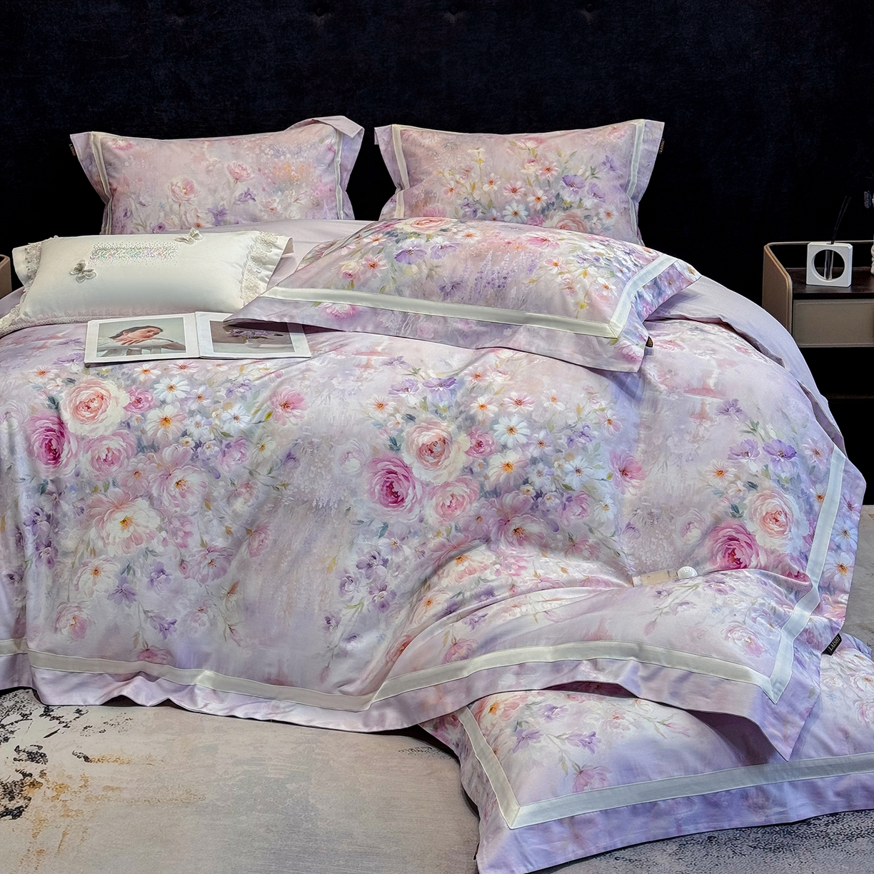 91家纺网 家纺一手货源 找家纺 欣宜家纺 2026新款50x50s纯棉全棉埃及长绒棉刺绣绣花床上四件套【含高端礼盒】-绽缦 绽缦-梦幻紫