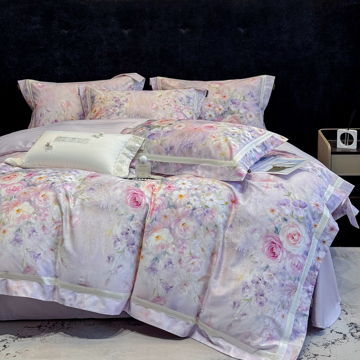 91家纺网 家纺一手货源 找家纺 欣宜家纺 2026新款50x50s纯棉全棉埃及长绒棉刺绣绣花床上四件套【含高端礼盒】-绽缦 绽缦-梦幻紫