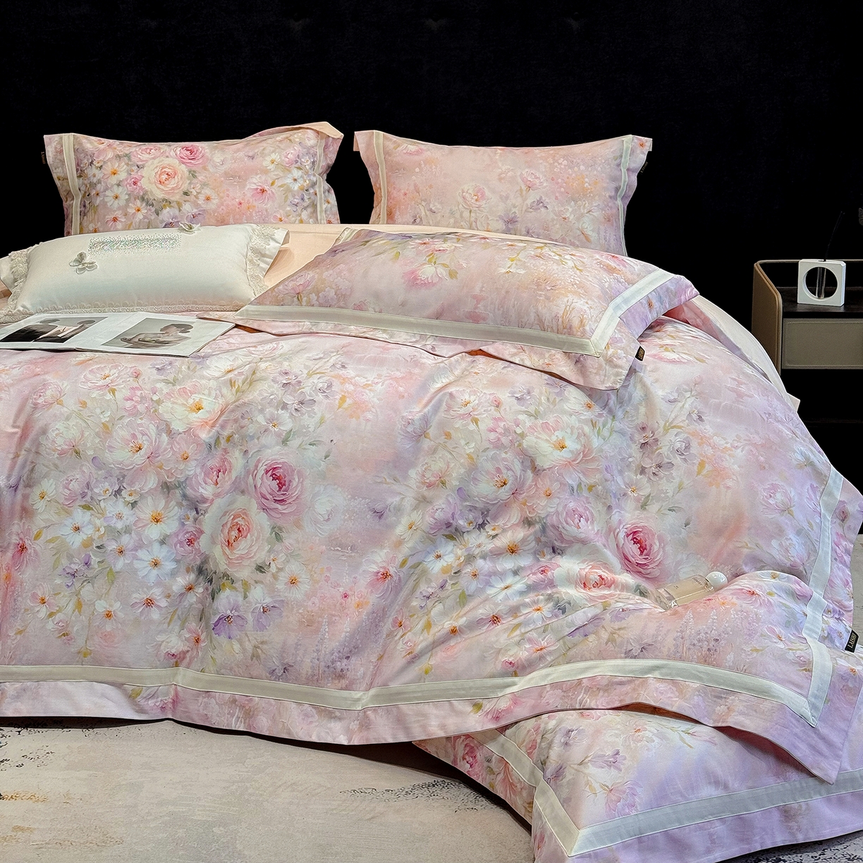 91家纺网 家纺一手货源 找家纺 欣宜家纺 2026新款50x50s纯棉全棉埃及长绒棉刺绣绣花床上四件套【含高端礼盒】-绽缦 绽缦-轻奢粉