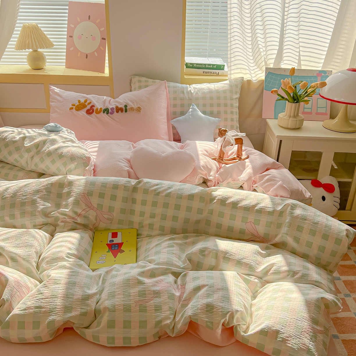 91家纺网 家纺一手货源 找家纺 （总）子钦家纺 2026春夏新款提花泡芙棉可爱小清新手工爱心小星星系列床单床笠四件套-流星花园