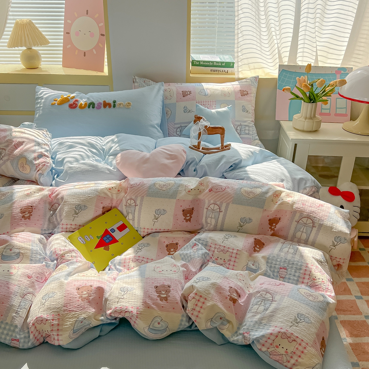 91家纺网 家纺一手货源 找家纺 （总）子钦家纺 2026春夏新款提花泡芙棉可爱小清新手工爱心小星星系列床单床笠四件套-流星花园