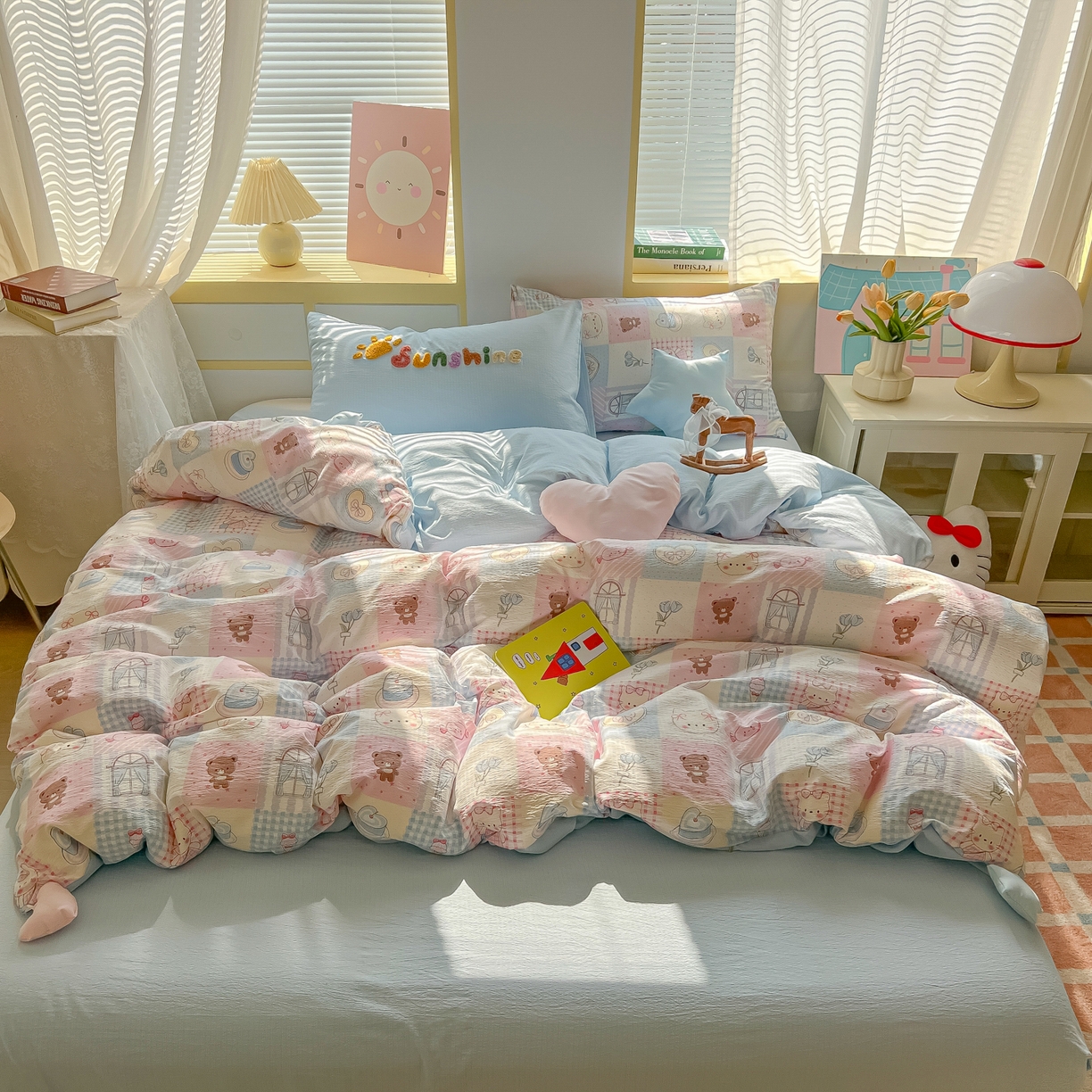 91家纺网 家纺一手货源 找家纺 （总）子钦家纺 2026春夏新款提花泡芙棉可爱小清新手工爱心小星星系列床单床笠四件套-流星花园