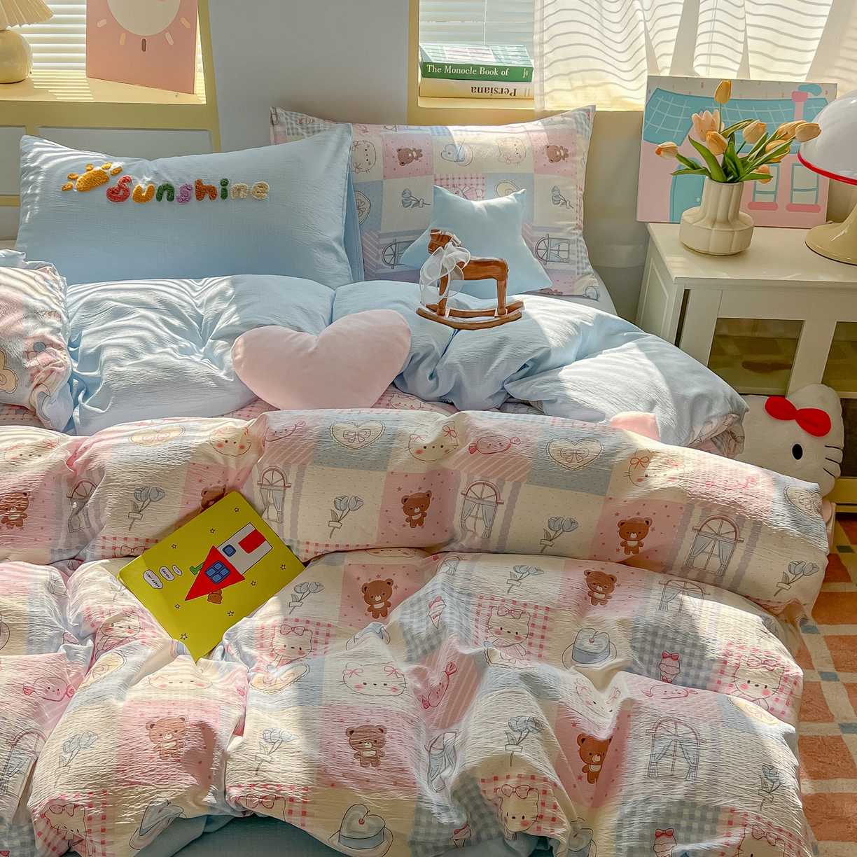 91家纺网 家纺一手货源 找家纺 （总）子钦家纺 2026春夏新款提花泡芙棉可爱小清新手工爱心小星星系列床单床笠四件套-流星花园